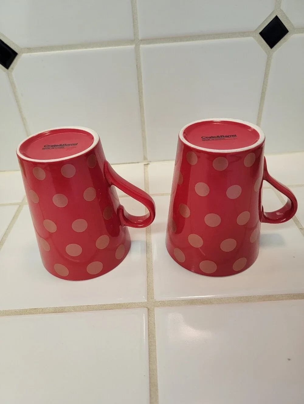 Crate & Barrel Red Polka Dot Ceramic Coffee Mugs - Set of 2